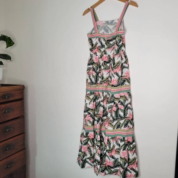 Loft Sundress Linen Blend Pink Green White Tropical Floral Maxi 0 Paradise - Picture 2 of 9